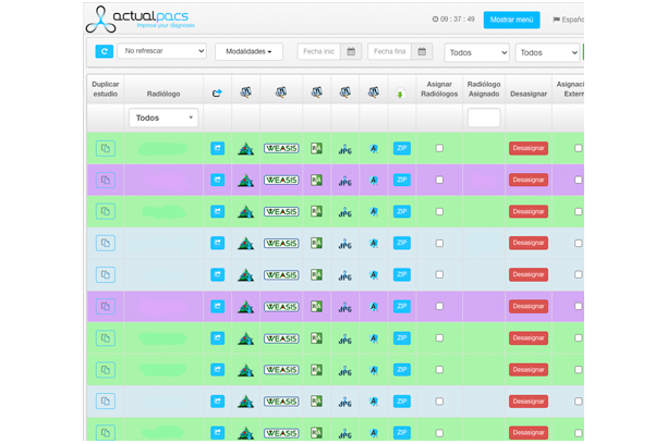 Interfaz web de ActualPACS Veterinaria - lista de estudios Listado de estudios en ActualPACS Veterinaria con estado y asignación de radiólogo
