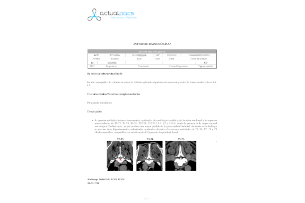 Generación y gestión de informes radiológicos en ActualPACS Informe radiológico generado en ActualPACS (informe PDF de estudio veterinario)